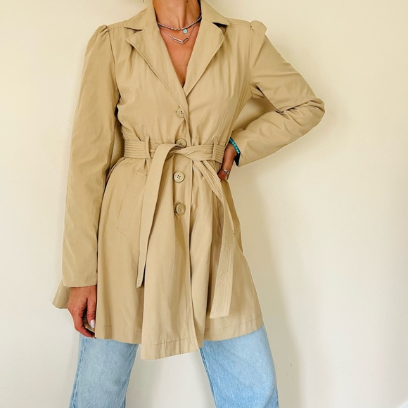 New Maurices Khaki Trench Coat Floral Liner Front Belt Pockets - Picture 3 of 10